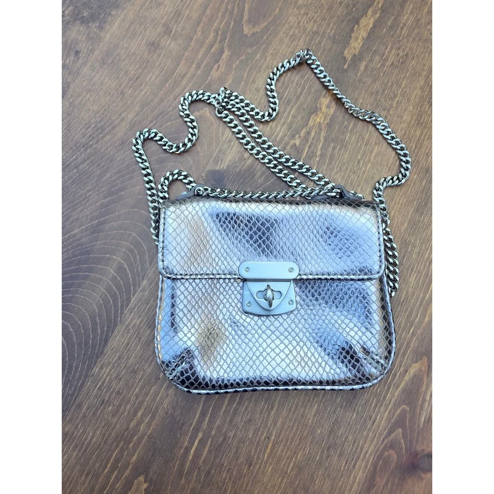 Talbots Womens Metallic Silver Snakeskin Embossed Leather Chain Crossbody Bag